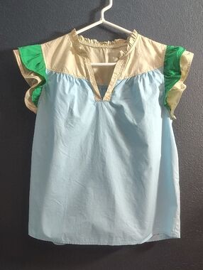 Chic Boho Color block Sky Blue Cotton Ruffle Sleeve Top with Green Accents
